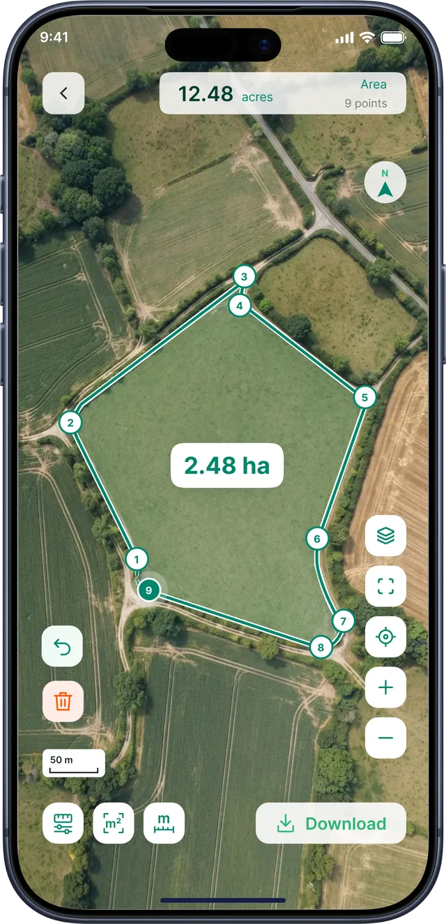 GPS Field Area Measurement app screenshot: Field area of 2.48 hectares measured on a satellite map