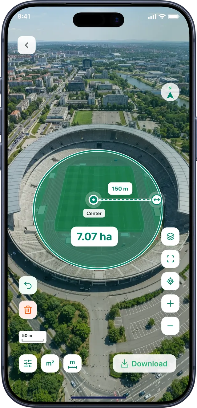 GPS Field Area Measurement app screenshot: Circular area and radius measured around a stadium