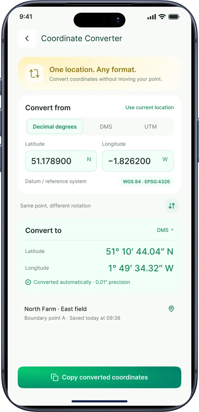 GPS Field Area Measurement app screenshot: Coordinate converter from decimal degrees to DMS