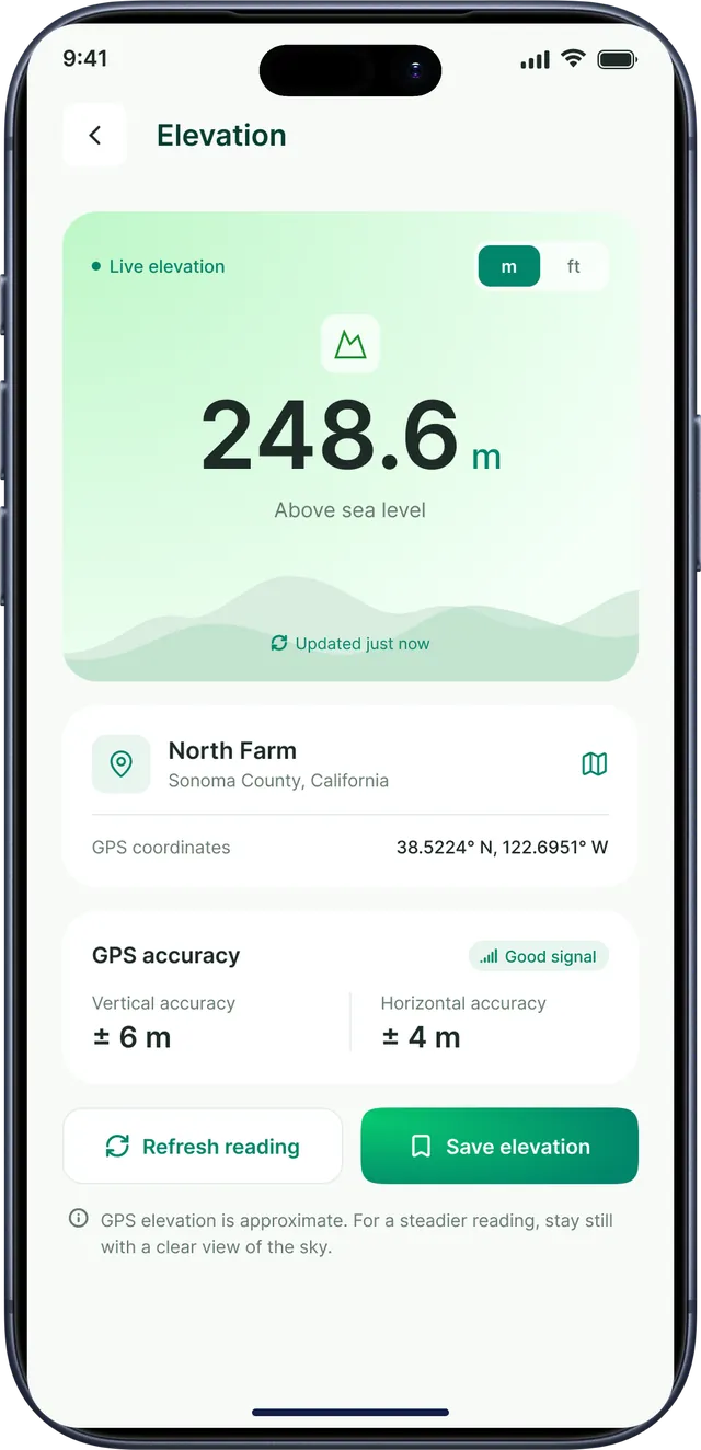 GPS Field Area Measurement app screenshot: Elevation above sea level with GPS accuracy