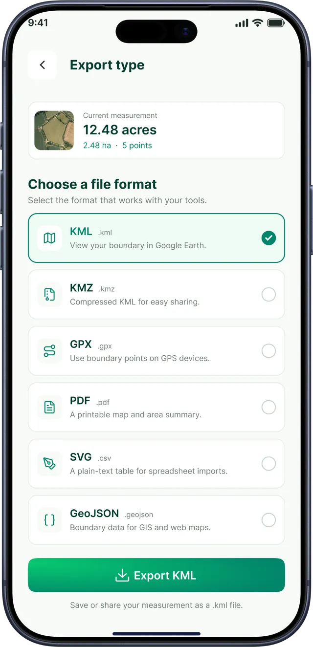 GPS Field Area Measurement app screenshot: Export a measurement as KML, KMZ, GPX, PDF, SVG or GeoJSON