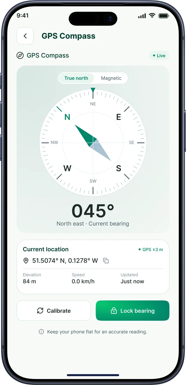 GPS Field Area Measurement app screenshot: GPS compass with heading and current location