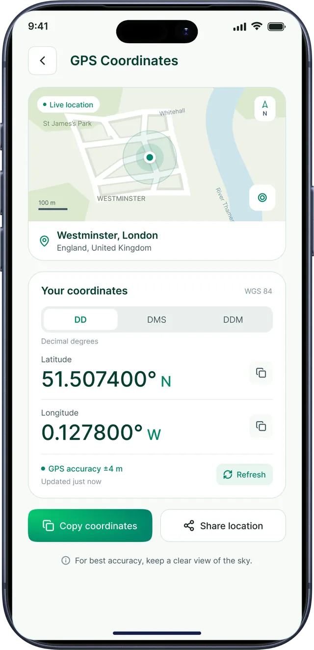 GPS Field Area Measurement app screenshot: GPS coordinates in decimal degrees