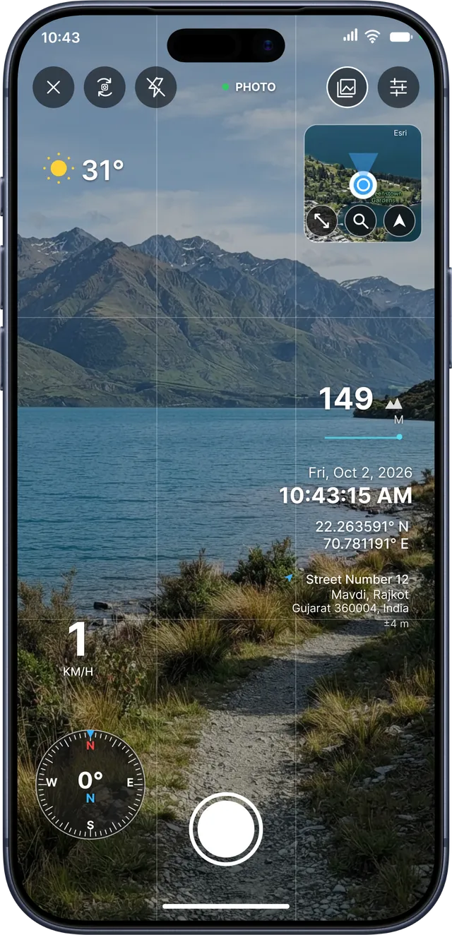 GPS Field Area Measurement app screenshot: GPS map camera with location, altitude and time stamp