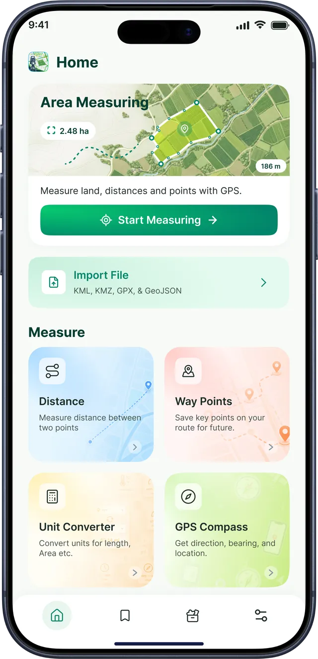 GPS Field Area Measurement app screenshot: Home screen with area measuring, import and measure tools
