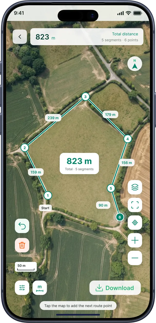 GPS Field Area Measurement app screenshot: Total route distance across several segments