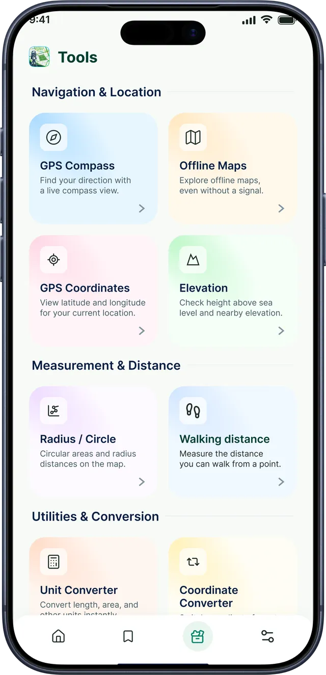 GPS Field Area Measurement app screenshot: Navigation, measurement and conversion tools