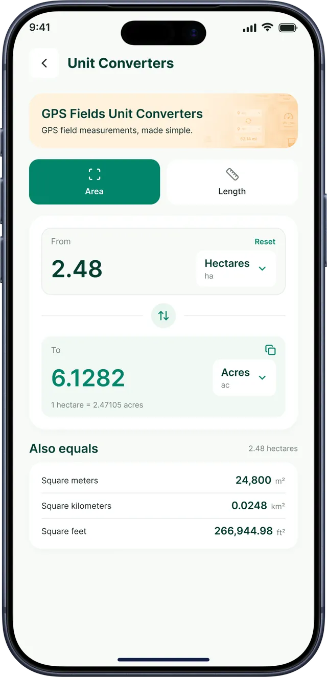 GPS Field Area Measurement app screenshot: Area unit converter from hectares to acres