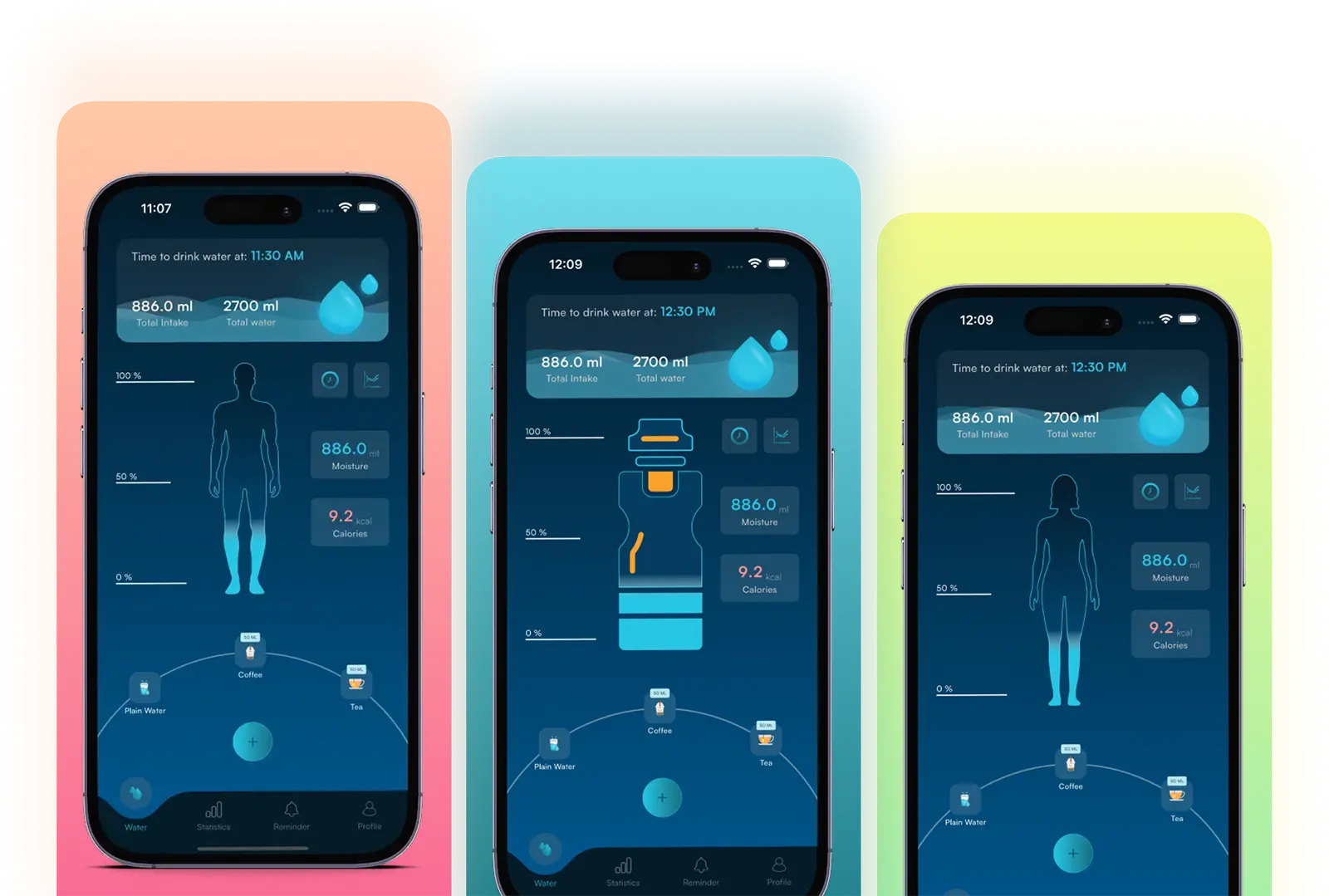 H2Glow app screens — dashboard, tracker and statistics