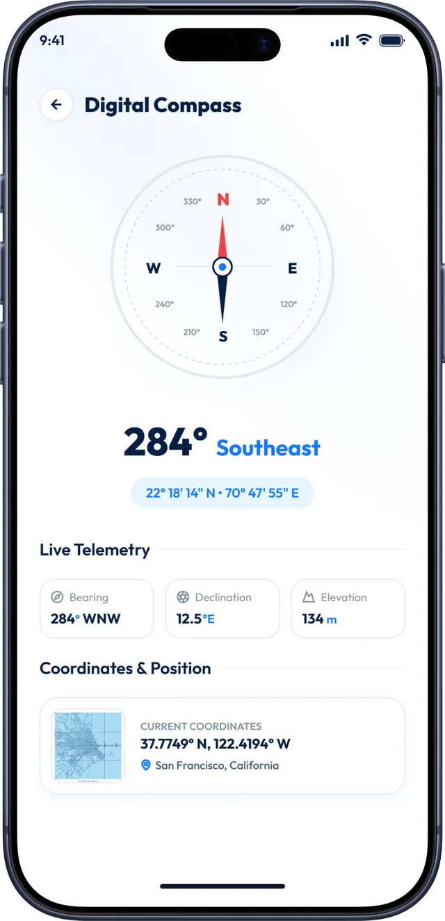 Live Earth Map app screenshot: Digital compass with heading and coordinates