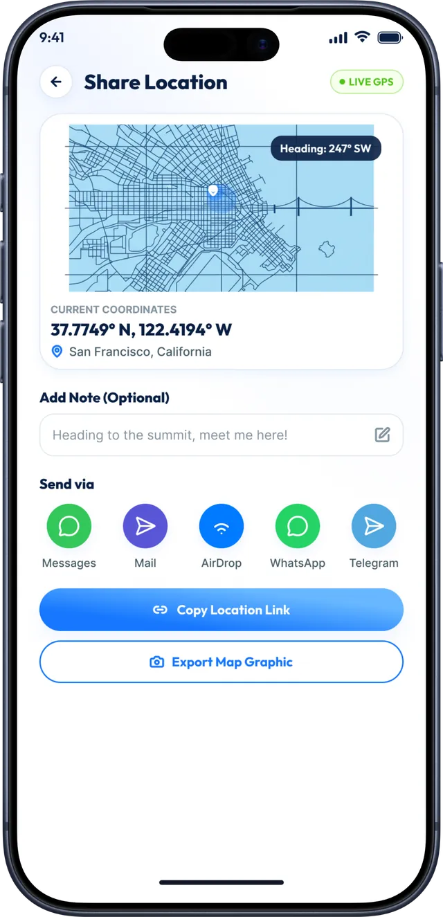 Live Earth Map app screenshot: Share your live location