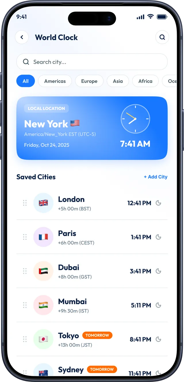 Live Earth Map app screenshot: World clock with saved cities