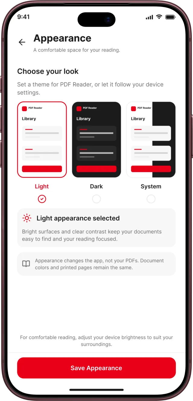 PDF Reader app screenshot: Light, dark and system appearance