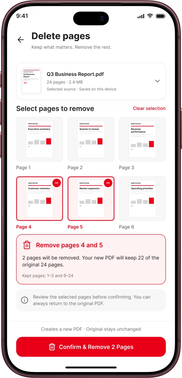 PDF Reader app screenshot: Delete pages with a summary of the pages kept