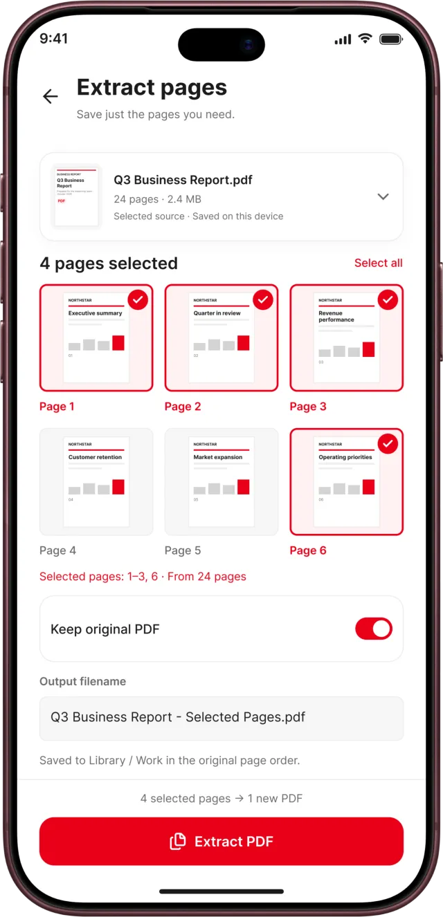 PDF Reader app screenshot: Extract selected pages into a new PDF