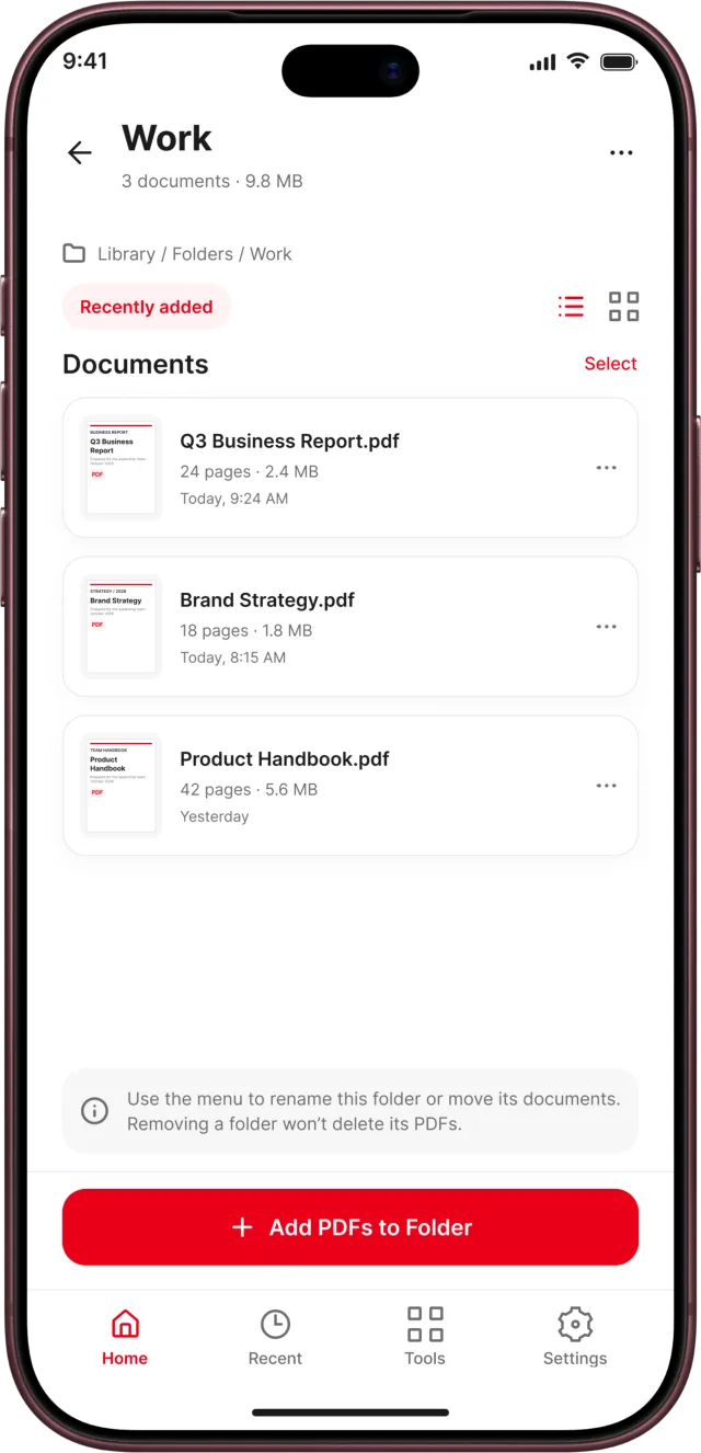 PDF Reader app screenshot: Documents inside a folder