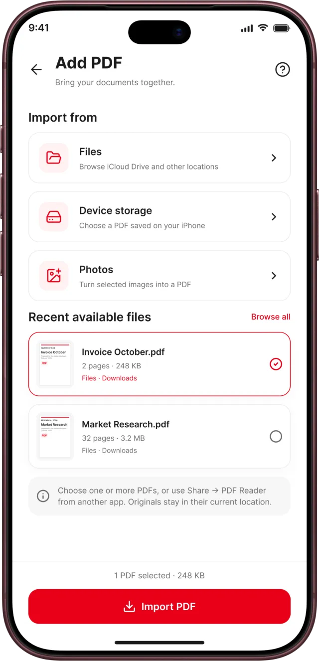 PDF Reader app screenshot: Import PDFs from Files, device storage or Photos