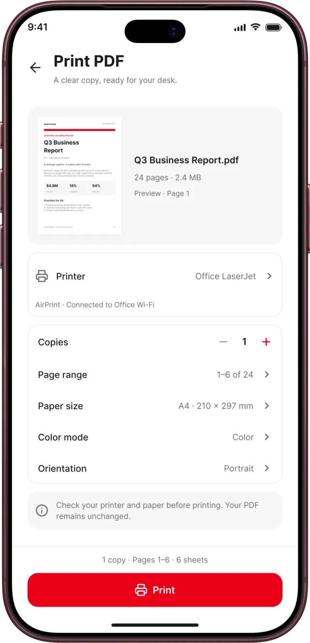 PDF Reader app screenshot: Print a PDF with AirPrint