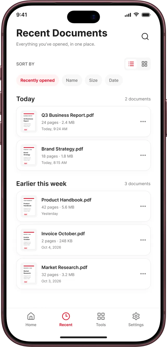 PDF Reader app screenshot: Recent documents grouped by Today and Earlier this week