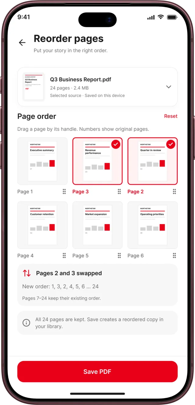 PDF Reader app screenshot: Reorder pages by dragging