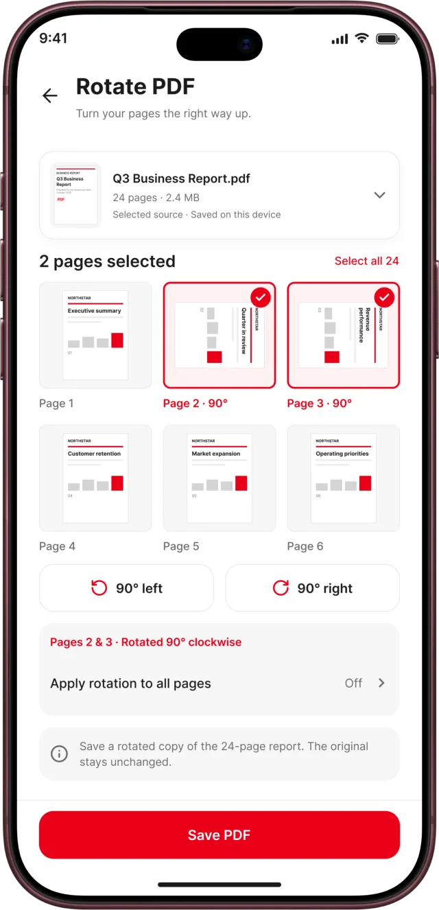 PDF Reader app screenshot: Rotate selected pages 90 degrees