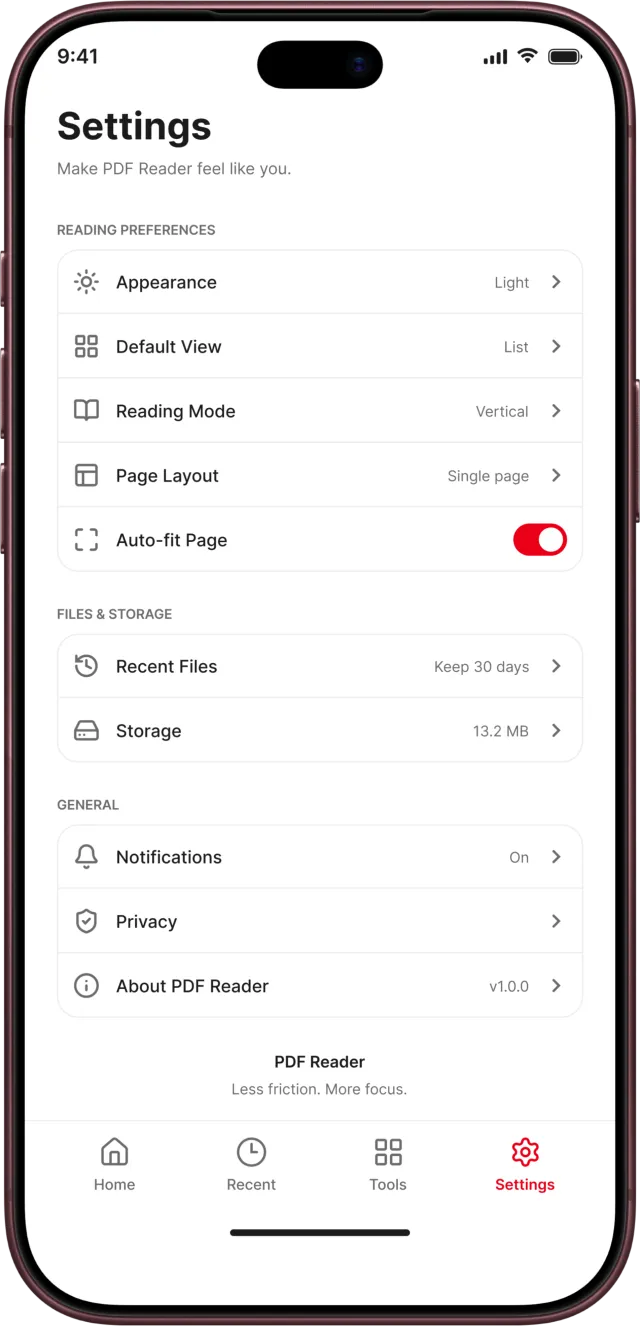 PDF Reader app screenshot: Settings for reading, files and storage