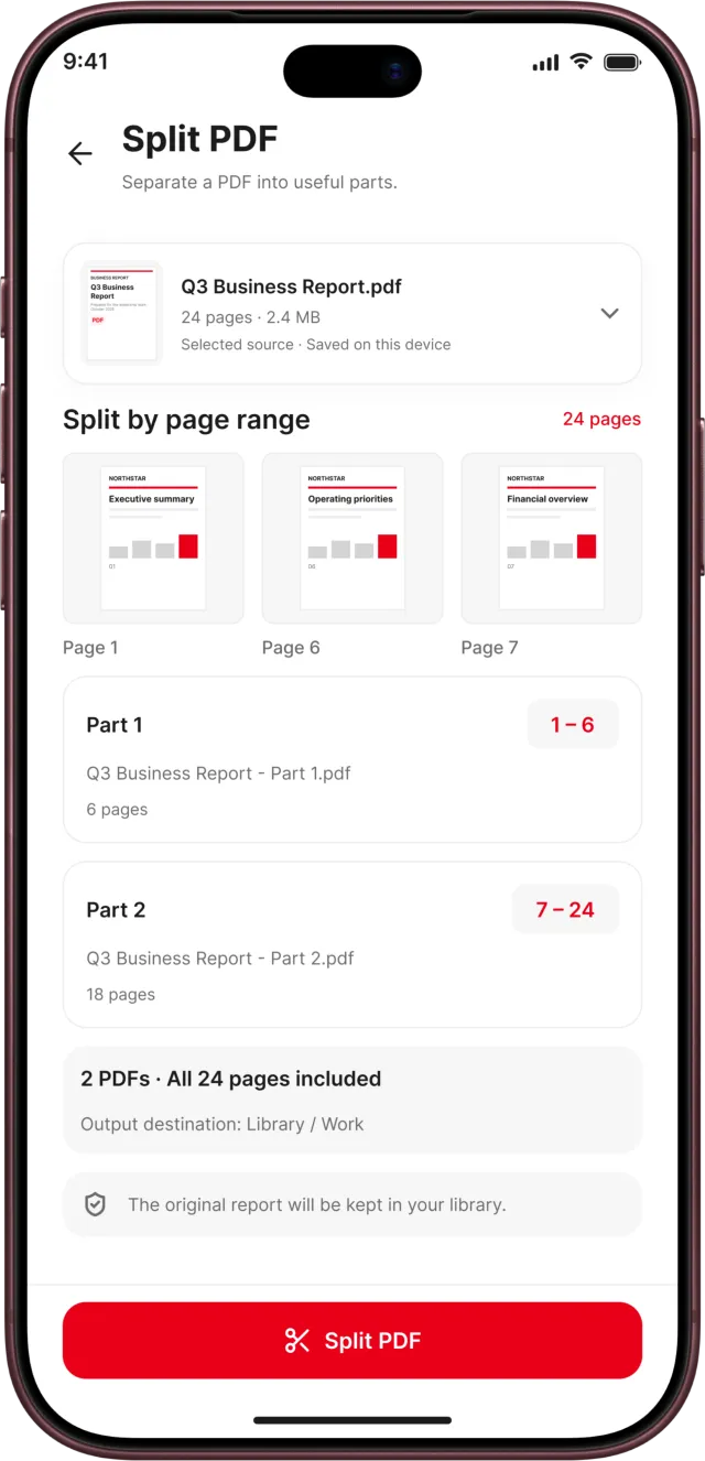 PDF Reader app screenshot: Split a PDF into two page ranges