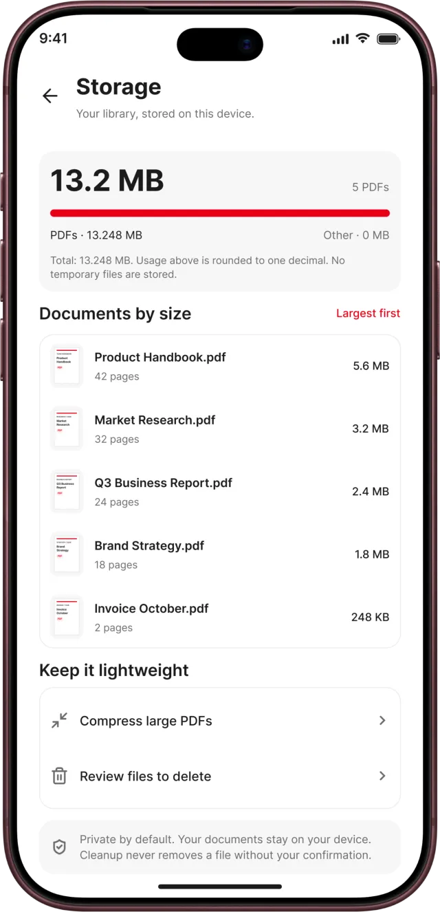 PDF Reader app screenshot: Storage used by the PDF library